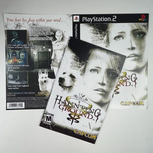 May include: Haunting Ground video game for PlayStation 2, featuring a front cover with a woman's face and a dog, and a back cover with game screenshots, the text True fear lies deep within your mind, and the Capcom logo in black and white.