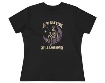 Skeleton Coffee T-Shirt, Low Battery Still Legendary, Women's Relaxed Fit