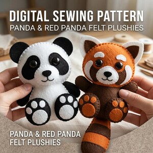 DIY Panda & Red Panda Felt Sewing Pattern Bundle, PDF Stuffed Animal Plushie Ornament Tutorial, Instant Digital Download
