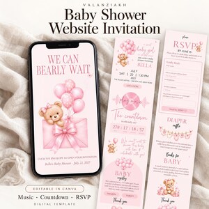 Pink Teddy Bear Baby Shower Website Invite, Interactive RSVP, Countdown (Digital Template)