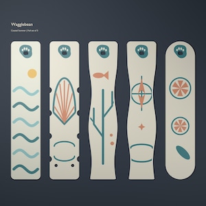 May include: A set of five off-white bookmarks labeled Wagglebean Coastal Summer, each featuring a teal paw print at the top and unique graphic designs including waves, a shell, coral, a compass, and citrus slices in teal and peach.