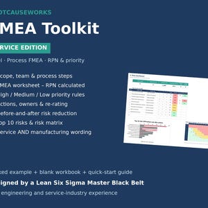 May include: A digital FMEA Toolkit Service Edition document featuring a dark blue background with white text. It includes a list of features like scope, worksheets, and priority rules, alongside a risk dashboard spreadsheet and a risk matrix chart.