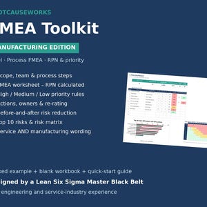 May include: A dark blue digital FMEA Toolkit Manufacturing Edition graphic featuring a list of features including scope, team, process steps, RPN calculation, priority rules, actions, and risk reduction. It includes a dashboard preview and text.