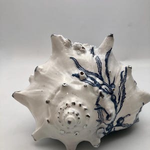 May include: A white seashell featuring a detailed blue botanical illustration of seaweed. The shell has a glossy finish with prominent spikes and a spiral center, accented with metallic silver tips on the points and small circular details.