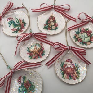 Könnte beinhalten: Sechs weiße Muschel-Ornamente mit festlichen Küstenmotiven wie Seepferdchen, Krabbe, Meeresschildkröte und weihnachtlichen Elementen. Jede Muschel hat einen goldfarbenen Rand, eine schimmernde Oberfläche und eine rot-weiß gestreifte Schleife.