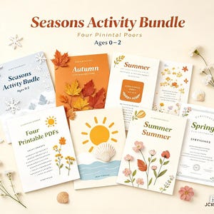 May include: A Seasons Activity Bundle set featuring four printable PDF documents for ages 0-2. The collection includes illustrated pages with themes of autumn leaves, summer flowers, spring blossoms, and winter snowflakes, decorated with small seashells and floral sprigs.