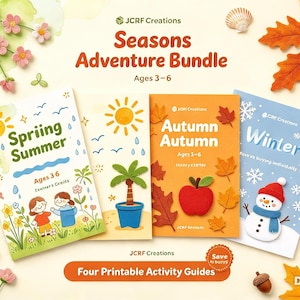 May include: Four printable activity guides titled Seasons Adventure Bundle for ages 3-6 by JCRF Creations. The set includes four books featuring Spring, Summer, Autumn, and Winter themes with colorful illustrations of a sun, palm tree, apple, and snowman.