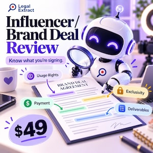 Op de afbeelding: Een witte robot met gloeiende paarse ogen houdt een vergrootglas boven een document met de titel Brand Deal Agreement. De afbeelding bevat tekst, waaronder Influencer/Brand Deal Review, Know what you're signing, Usage Rights, Payment, Exclusivity, Deliverables en $49.
