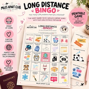 Puede incluir: Una hoja de juego de bingo para relaciones a larga distancia con una cuadrícula de desafíos, iconos y texto. El diseño incluye detalles en rosa, el logotipo de Miles Apart Club y tarjetas de juego individuales, centradas en experiencias de relaciones a distancia.