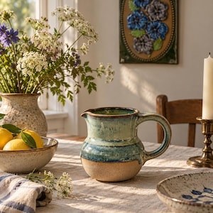 Pode incluir: Um jarro de cerâmica com corpo arredondado, base bege salpicada e um esmalte brilhante com efeito escorrido em tons de azul e verde-azulado. O jarro possui uma asa curva e um pequeno bico vertedor, pousado sobre uma toalha de linho texturada.
