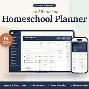 Pode incluir: Um planejador digital de ensino doméstico exibido na tela de um laptop e de um smartphone. A interface apresenta um painel azul escuro e branco com texto, incluindo The All-in-One Homeschool Planner e 19 planner sections.