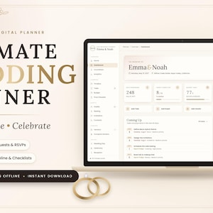 Könnte beinhalten: Ein interaktiver digitaler Hochzeitsplaner auf einem Laptop- und Smartphone-Bildschirm. Die Benutzeroberfläche zeigt den Text Ultimate Wedding Planner, Plan, Organize, Celebrate, Budget Tracker, Guests & RSVPs, Seating Plan und Timeline & Checklists.