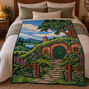 May include: A rectangular woven blanket featuring a detailed landscape scene of a round green door set into a grassy hill, a stone path, a large tree, and a blue sky with clouds. The design includes vibrant green, blue, brown, and floral colors.