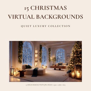 Puede incluir: Una colección digital titulada 15 CHRISTMAS VIRTUAL BACKGROUNDS QUIET LUXURY COLLECTION con 15 archivos JPG de alta resolución en 1920 x 1080. La imagen muestra una sala de estar con un árbol de Navidad, ventanas arqueadas y velas.