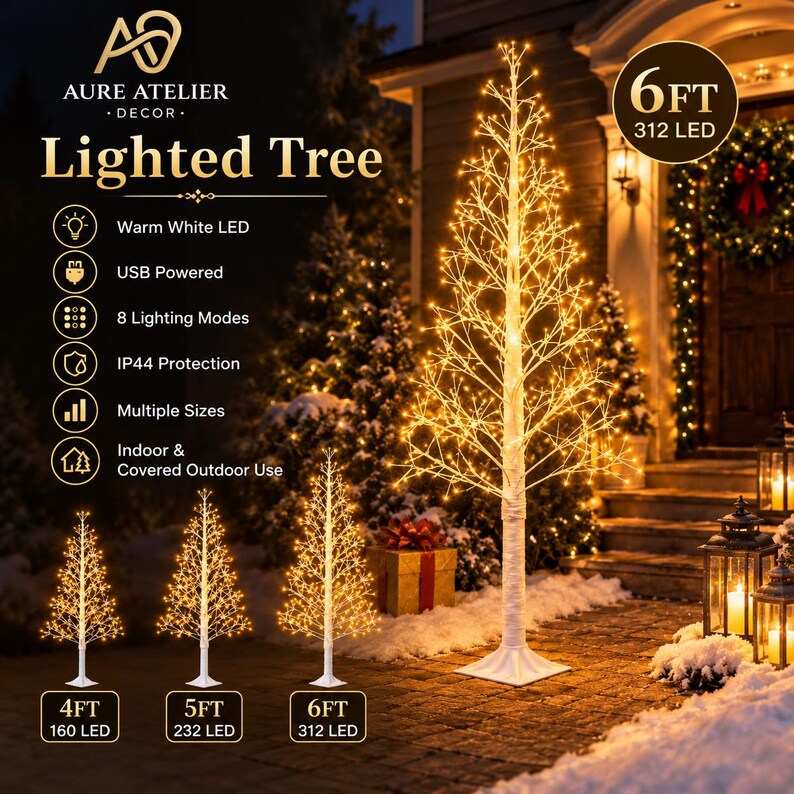 Tree Led Night Light Warm White LED Branch Tree, 4-6FT, USB Powered, 8 Lighting Modes ...