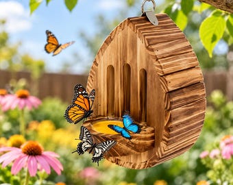 Hängendes Schmetterlingshaus aus Holz mit Futtervorrichtung, Gartenhabitat für Schmetterlinge im Freien