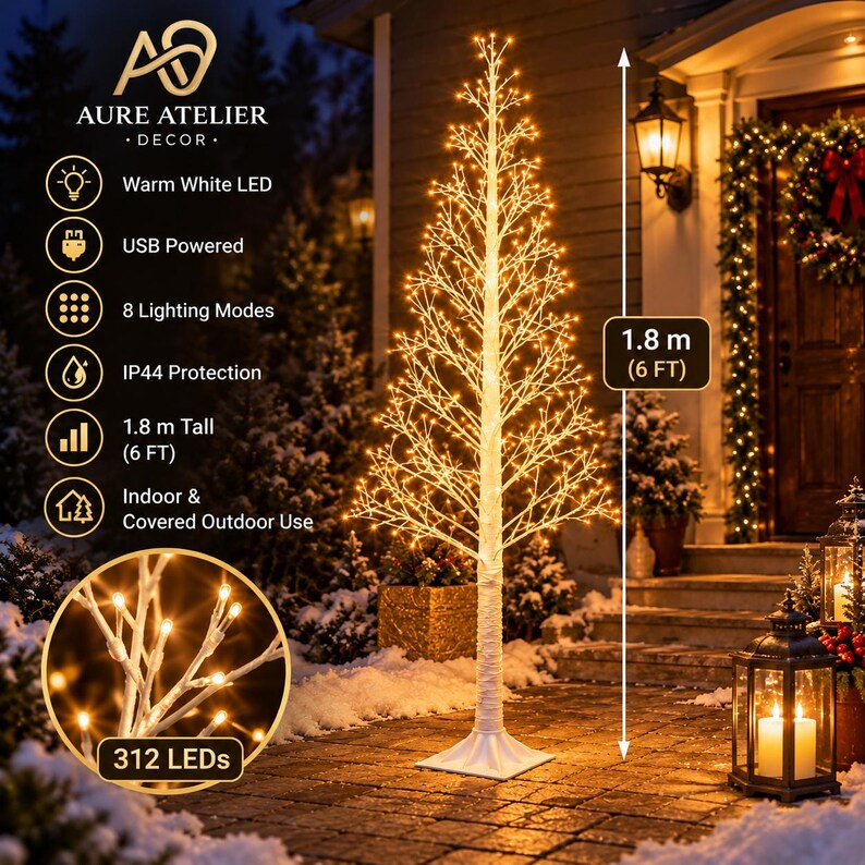 Tree Led Night Light Warm White LED Branch Tree, 4-6FT, USB Powered, 8 Lighting Modes ...