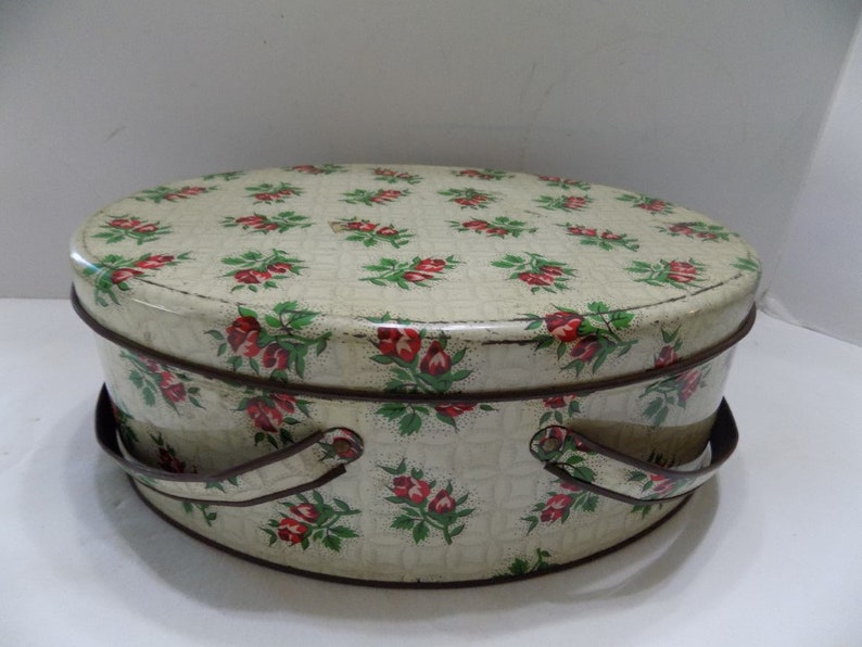 Old Oval Tin with Handles Rose Sprays Trinkets Sewing Box
