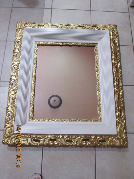 Vintage Deep Well Gold White Wood Framed Mirror Heavy 30 X Gold White Wood Framed Mirror