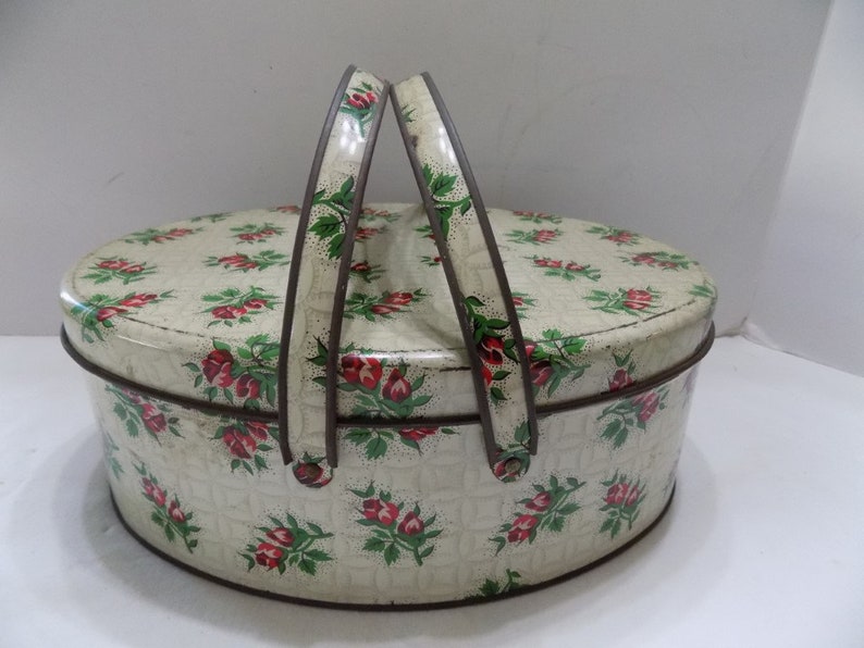 Old Oval Tin with Handles Rose Sprays Trinkets Sewing Box