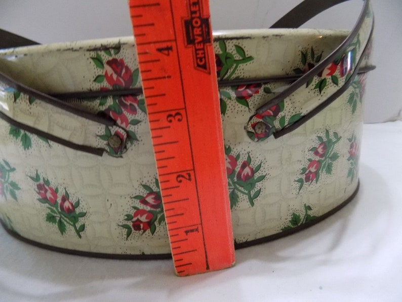 Old Oval Tin with Handles Rose Sprays Trinkets Sewing Box