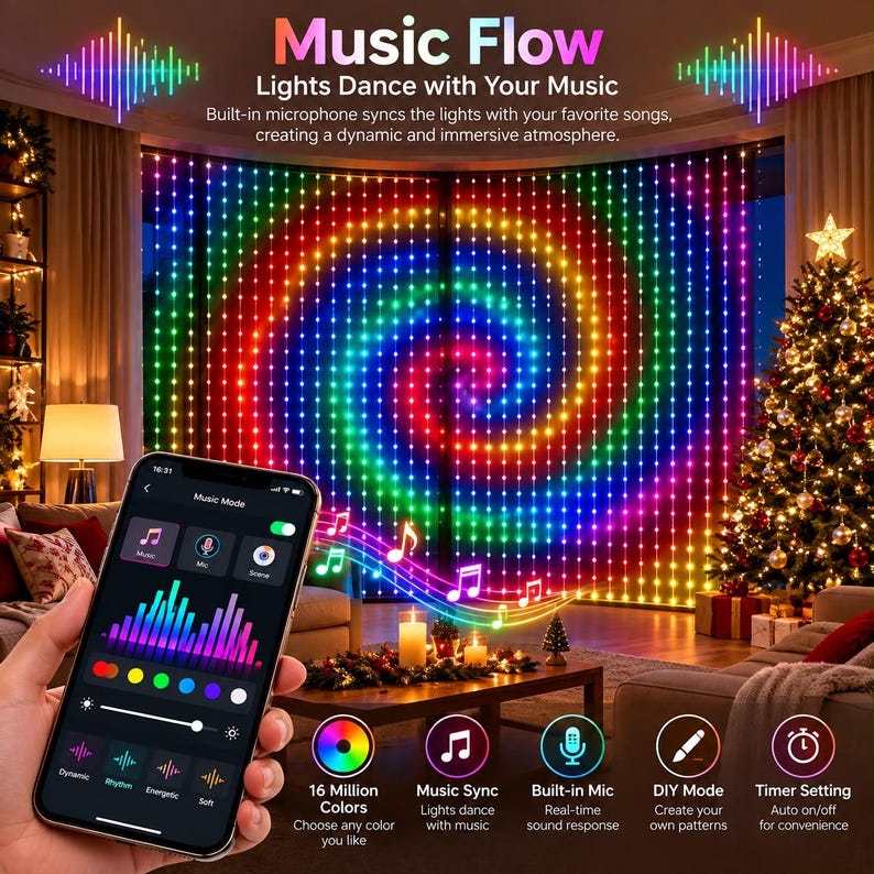 Smart Curtain Lights With App Control, Color Changing Fairy String ...