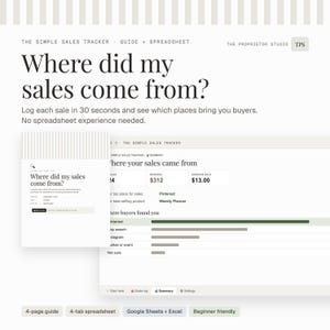 May include: The Simple Sales Tracker guide and spreadsheet by The Proprietor Studio features a dashboard displaying sales data, revenue, and average sale amounts. It includes a bar chart showing where buyers found the business, such as Pinterest and Etsy search.