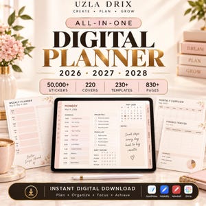 May include: An all-in-one digital planner for 2026, 2027, and 2028 by Uzla Drix. The display shows a weekly schedule, monthly overview, and finance tracker with 50,000+ stickers, 220 covers, 230+ templates, and 830+ pages for instant download.