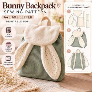 Puede incluir: Un patrón de costura para una mochila de conejo, con el texto Bunny Backpack Sewing Pattern, A4, A0, Letter, Printable PDF e Illustrated Sewing Instructions. La imagen muestra una mochila de pana verde salvia con una solapa de felpa color crema y largas orejas de conejo forradas con lunares, junto a un diagrama que muestra los pasos de construcción.