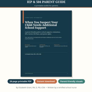 Puede incluir: Un documento digital azul oscuro titulado IEP & 504 Parent Guide: When You Suspect Your Child Needs Additional School Support. La portada presenta texto en blanco, una línea vertical naranja y secciones tituladas Recognize, Understand y Participate.