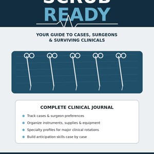 May include: A clinical journal titled SCRUB READY: YOUR GUIDE TO CASES, SURGEONS & SURVIVING CLINICALS. The cover features a dark blue header, a graphic of five surgical instruments, and a white box listing features: Track cases, organize instruments, and build skills.