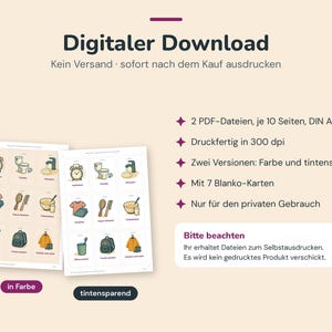 May include: A digital download featuring two sets of printable cards on DIN A4 pages, one in colour and one in ink-saving format. The cards display illustrations of daily routines like washing, dressing, and eating, with German text labels.