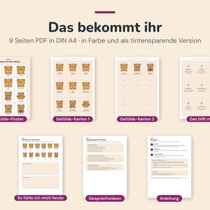 May include: A digital download set of 9 A4 PDF pages featuring bear-themed emotional learning materials. Includes a feelings poster, two sets of cards, a daily feelings tracker, conversation prompts for parents, and an instruction sheet in color.