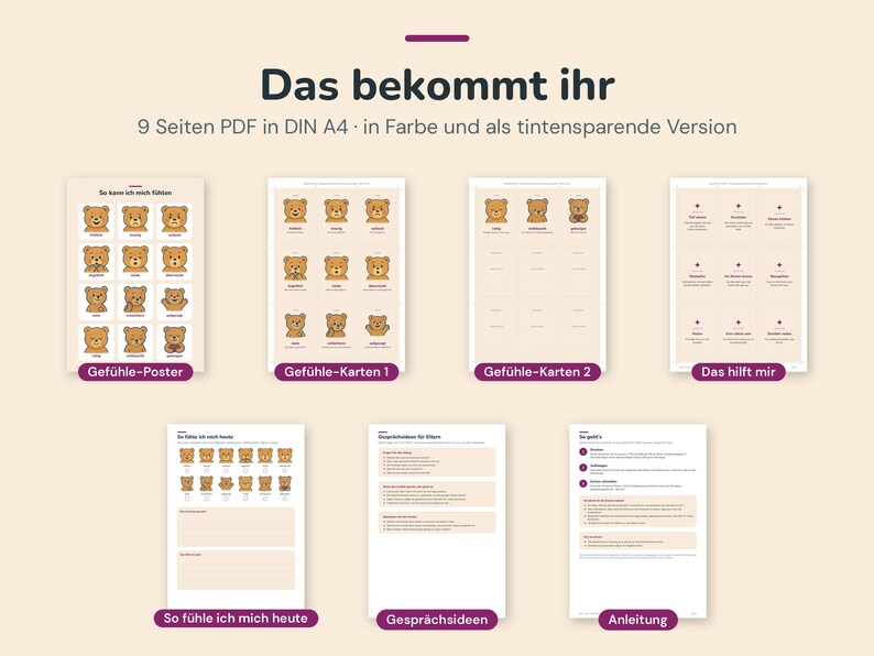 May include: A digital download set of 9 A4 PDF pages featuring bear-themed emotional learning materials. Includes a feelings poster, two sets of cards, a daily feelings tracker, conversation prompts for parents, and an instruction sheet in color.
