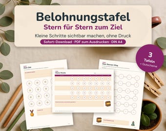 Printable reward chart for children | Reward system PDF | 3 charts, coupons, stars | Motivation without pressure | DIN A4 download