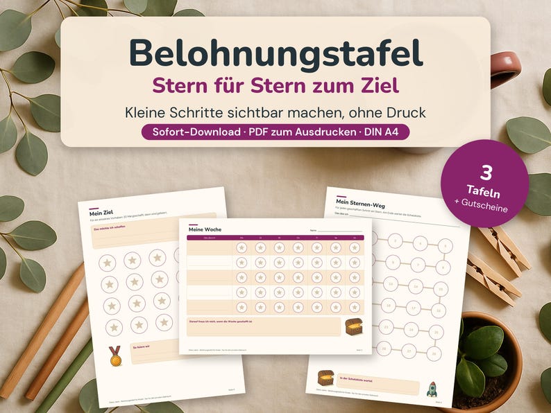 Puede incluir: Un conjunto de tres tablas de recompensas imprimibles en tama&ntilde;o A4, con el texto Belohnungstafel, Stern f&uuml;r Stern zum Ziel y Kleine Schritte sichtbar machen, ohne Druck. Las hojas incluyen iconos de estrellas, una medalla, un cofre y un cohete.