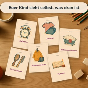 May include: A set of six rectangular cards with cream backgrounds, each featuring a colourful illustration and German text. The cards depict daily routines including an alarm clock, clothing, a bathtub, a hairbrush and comb, a jacket, and a book.