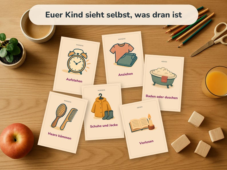 May include: A set of six rectangular cards with cream backgrounds, each featuring a colourful illustration and German text. The cards depict daily routines including an alarm clock, clothing, a bathtub, a hairbrush and comb, a jacket, and a book.