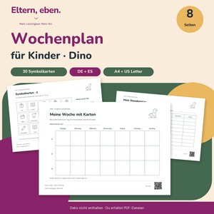Barnens veckoplanerare Dino PDF – 30 symbolkort, schema och semesterplanerare för utskrift | Tyska + spanska | A4 och Letter