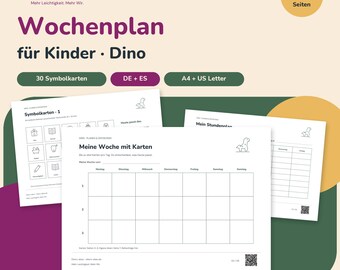 Agenda settimanale per bambini con dinosauri in PDF – 30 carte con simboli, orario e calendario delle vacanze da stampare | Tedesco + Spagnolo | Formato A4 e Letter