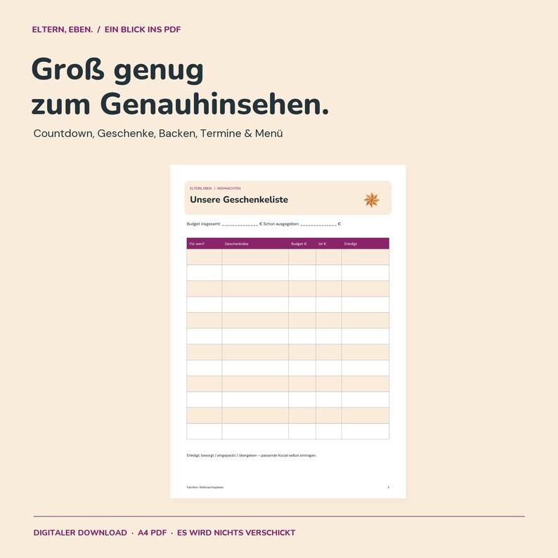 Weihnachtsplaner Familie zum Ausdrucken | Advent Countdown, Geschenkeliste, Plätzchenplan, Termine und Menü | A4 PDF Bild 3
