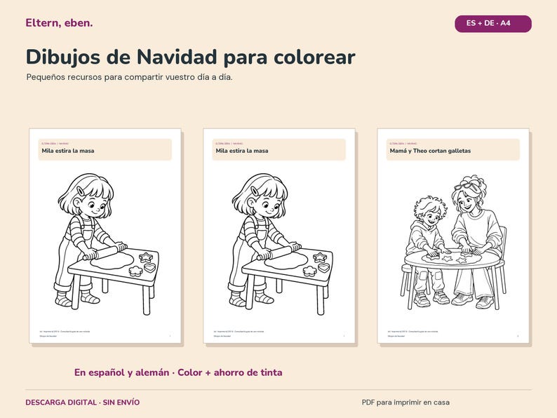 Disegni di Natale da colorare per bambini | 12 pagine da colorare con Mila e Theo | Biscotti, albero, neve e regali | PDF in formato A4 immagine 4