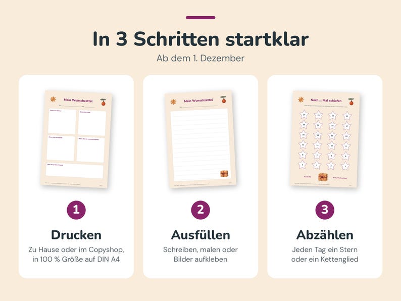 May include: A three-step instructional graphic titled In 3 Schritten startklar, featuring three printable templates: a wish list with four boxes, a lined wish list, and a countdown chart with twenty-four numbered stars for December.