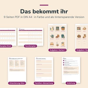 May include: A set of nine A4 PDF pages featuring a weekly child planner, a family planner, two task card sheets with illustrated chores, an age-appropriate task guide, a family agreement form, and an instruction sheet, all in colour and ink-saver.