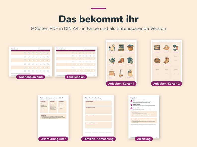 May include: A set of nine A4 PDF pages featuring a weekly child planner, a family planner, two task card sheets with illustrated chores, an age-appropriate task guide, a family agreement form, and an instruction sheet, all in colour and ink-saver.