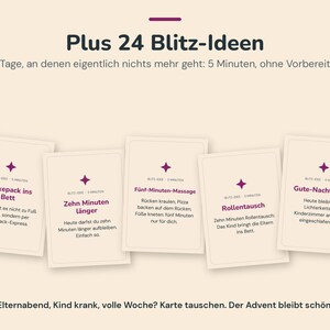 May include: A set of five rectangular cards with cream backgrounds and dark purple text. The cards feature titles like Huckepack ins Bett, Zehn Minuten l&auml;nger, F&uuml;nf-Minuten-Massage, Rollentausch, and Gute-Nacht-Licht, each marked with a small star icon.