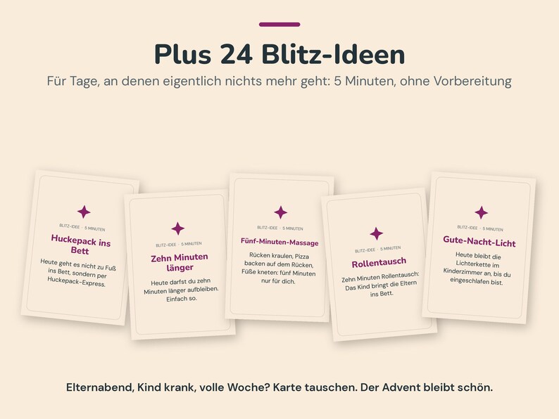 May include: A set of five rectangular cards with cream backgrounds and dark purple text. The cards feature titles like Huckepack ins Bett, Zehn Minuten l&auml;nger, F&uuml;nf-Minuten-Massage, Rollentausch, and Gute-Nacht-Licht, each marked with a small star icon.