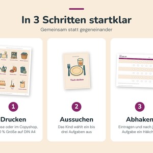 May include: A three-step instructional graphic with the heading In 3 Schritten startklar and the subheading Gemeinsam statt gegeneinander. It displays a sheet of task icons, a single task card labelled Tisch decken, and a checklist chart.