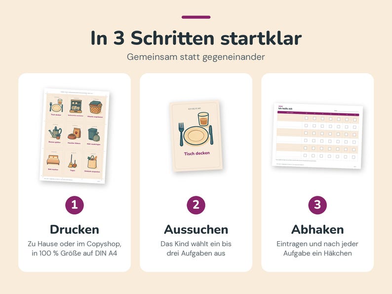 May include: A three-step instructional graphic with the heading In 3 Schritten startklar and the subheading Gemeinsam statt gegeneinander. It displays a sheet of task icons, a single task card labelled Tisch decken, and a checklist chart.