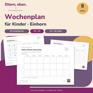 Enhörningsveckoplanerare för barn PDF – 30 symbolkort, schema och semesterplanerare för utskrift | Tyska + spanska | A4 och Letter